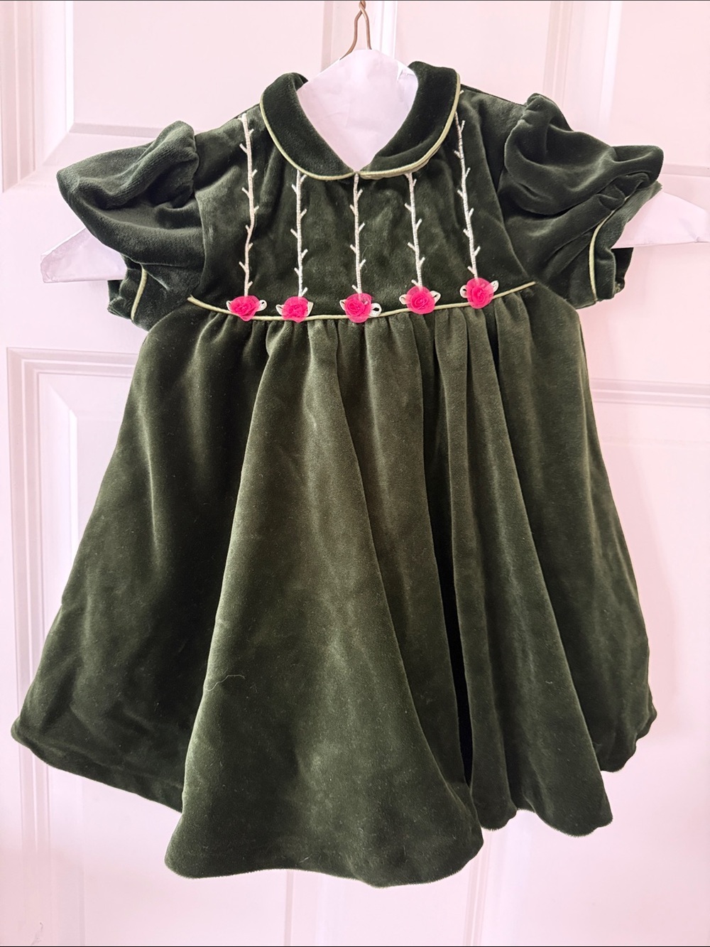 Girls Olive Green Velvet Dress with Pink Rose Details